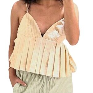 Zara Tank Top Pinstriped Crop Babydoll Peplum V Neck Straps Cotton Cream Pink S